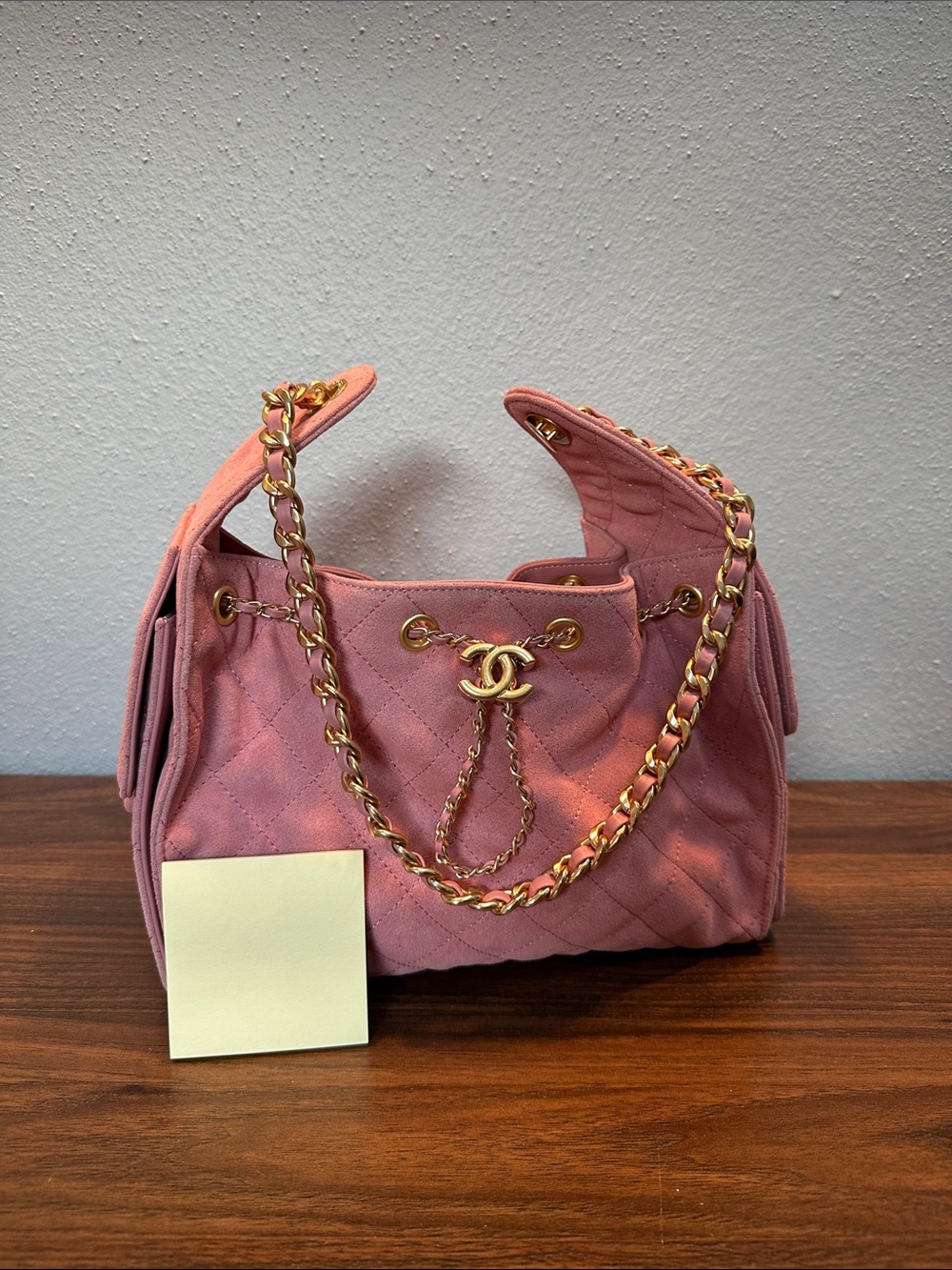 RARE CC 25 Baby Pink Small Suede Quilted Drawstring Chain Shoulder Bag - Picture 16 of 16